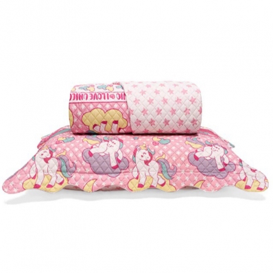 Kit Colcha Buettner Solteiro Renove Juvenil Unicórnios 02 Peças Rosa
