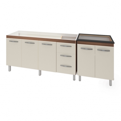 Armário Cozinha Gabinete Pia De 140 cm Carina Com Balcão Cooktop 5 Bocas Savana Frente Off-white Jade