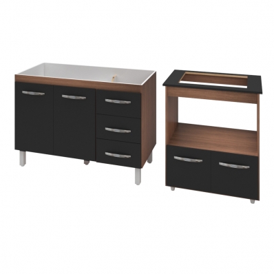 Armário Gabinete pia de 120 cm Bianca com Balcão Cooktop 4 Bocas e Forno Elétrico Elisa Savana frente preta