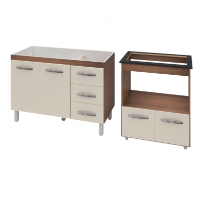 Armário Gabinete pia de 120 cm Bianca com Balcão Cooktop 5 Bocas e Forno Elétrico Elisa Savana frente Off-White
