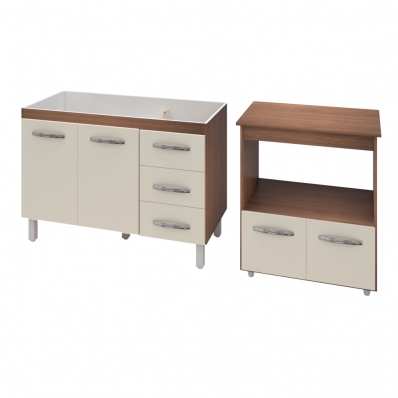 Armário Gabinete pia de 120 cm Bianca com Balcão multiuso micro-ondas Forno Elétrico Ângela Savana frente Off-White