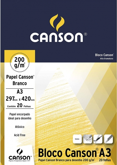 Bloco para desenho papel branco 297x420mm A3 200g 20 fls