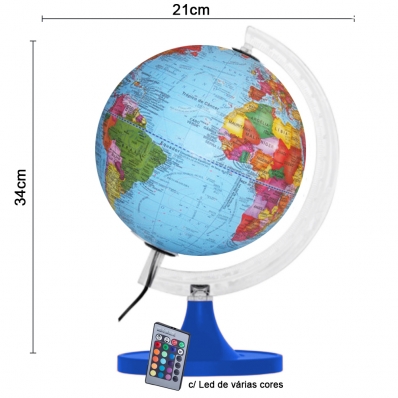 Globo Terrestre 21cm: Gênio Político - Iluminado led multicolor bivolt controle remoto - Base azul