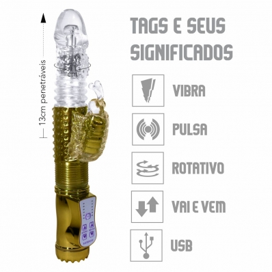 VIBRADOR ROTATIVO SOBE DESCE RECARREGÁVEL 36 VARIAÇÕES - DOURADO REF. 22330