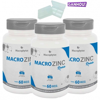 KIT 3X MACROZINC QUELATO 28MG 60 CÁPSULAS MACROPHYTUS + PORTA CÁPSULAS