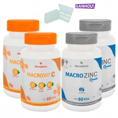 KIT 2X VITAMINA C 1G 60 CAPS + 2X ZINCO QUELATO 60 CAPS MACROPHYTUS + PORTA CÁPSULAS