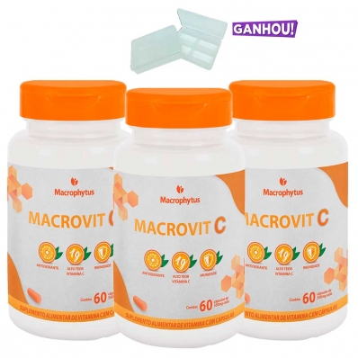 KIT 3X VITAMINA C MACROVIT 1G 60 CÁPSULAS MACROPHYTUS + PORTA CÁPSULAS