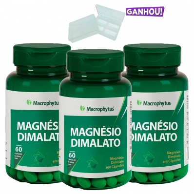 KIT 3X MAGNÉSIO DIMALATO 60 CÁPSULAS MACROPHYTUS + PORTA CÁPSULAS