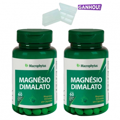 KIT 2X MAGNÉSIO DIMALATO 60 CÁPSULAS MACROPHYTUS + PORTA CÁPSULAS