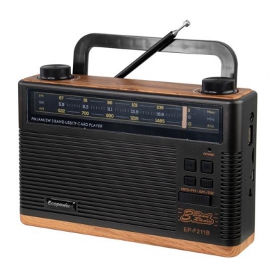 Radio Portatil Ecopower EP-F211B - USB/ SD/ Aux - AM/ FM/ SW - Recarregavel - Preto e Marrom