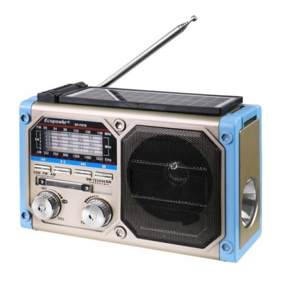 Radio Portatil Ecopower EP-F97B - USB/ SD/ Aux - AM/ FM/ SW - com Lanterna e Panel Solar - Prata e Azul