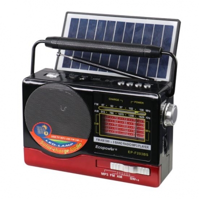 Radio Portatil Ecopower EP-F203BS - USB/ SD/ Aux - AM/ FM/ SW - com Panel Solar - Preto e Vermelho