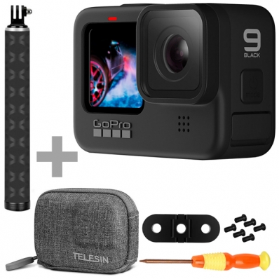 Camera de Acao Gopro Hero 9 Black SPBL1 CHDHX-901-RW 20MP 5K com Wi-Fi e Bluetooth + Acessorios Telesin