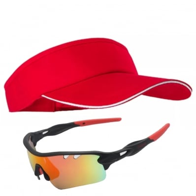 Kit Viseira Boné Óculos Para Corrida Triathlon Beach Tennis Vermelho