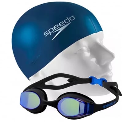 Óculos De Natação Speedo Espelhado Focus Duo Vision + Touca Silicone Azul