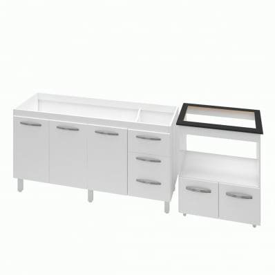 Armário Gabinete Balcão para Pia 138 cm Carina com Balcão para Cooktop 5 Bocas Forno Elétrico Elisa Branco