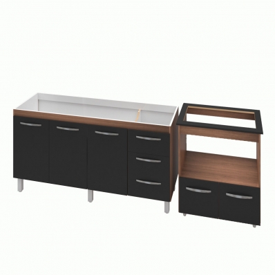 Armário Gabinete Balcão para Pia 138 cm Carina Balcão para Cooktop 5 Bocas Forno Elétrico Elisa Savana frente Preta