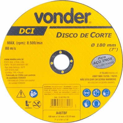 Disco de corte 7 x 1,6 mm x 7/8 para Aço e Inox VONDER 1240700116