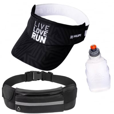 kit Corrida Viseira Hupi Cinto Hidratação com Squeeze 250ml Love Run Preta