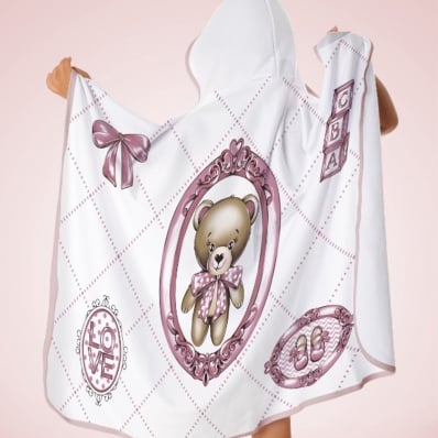 Toalha Baby C/ Capuz Tecebem Estampada Kinder Cristina Rosa