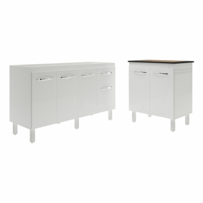 Balcão Armário Gabinete Para Pia 138 cm Camila e Balcão Fran Para Cooktop 4 Bocas Branco