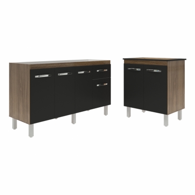 Balcão Armário Gabinete Para Pia 138 cm Camila e Balcão Para Cooktop 5 Bocas Fran Savana Preto