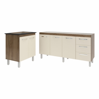Balcão Cozinha Gabinete Para Pia 138 cm Carine e Balcão Para Cooktop 4 Bocas Fran Savana Off White