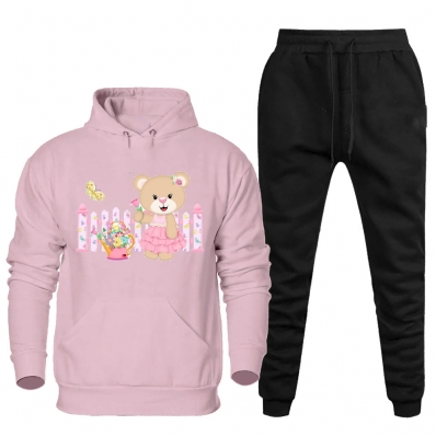 Conjunto Feminino Blusa Canguru Estampa de Urso Com Calça Basica Academia Com Bolsos Confortavel