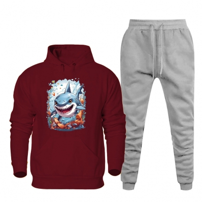 Conjunto Moletom Canguru 50% Poliéster 50% Algodão Estampa Tubarao Calça Basica Elastico Cintura