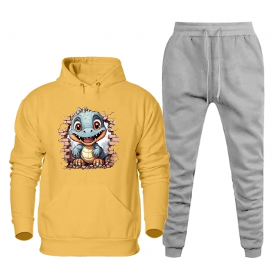 Conjunto Plus Size Moletom Masculino Numeraçao Especial Estampa Dinossauro Blusa Canguru e Calça