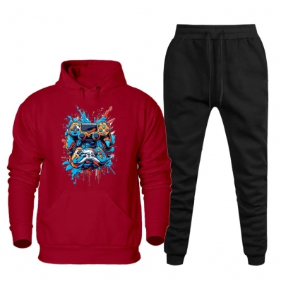 Conjunto Flanelado de Frio Moletom Canguru Capuz Estampado Com Calça Jogger Elastico na Cintura