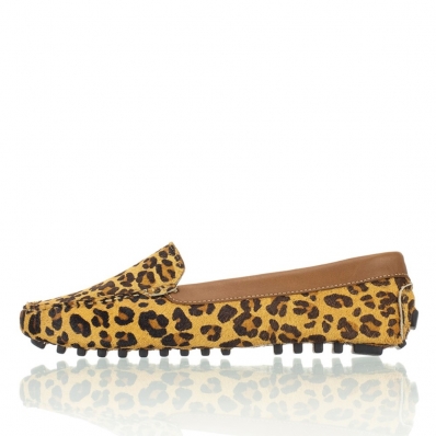 Mocassim Drive Couro Feminino Animal Print Estampa de Onça Solado Borracha Gel Macio