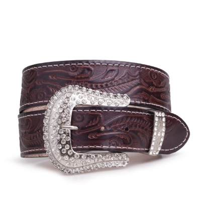 Cinto Feminino de Couro Detalhe Cruz Azul Fivela Tradicional Strass Rodeio Ponteira Prata