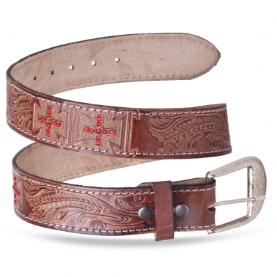Cinto Couro Feminino Top Detalhes Cruz Vermelha Festa do Peao Cowgirl Alto Relevo