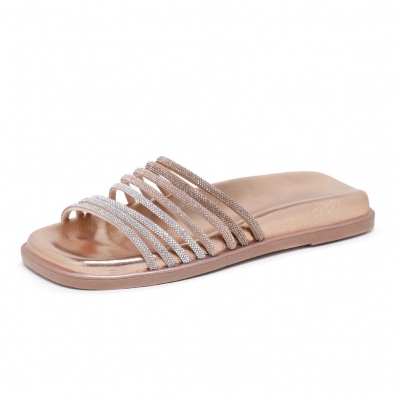 Rasteira Papete Bico Quadrado Tiras Finas de Strass Feminina Basica Flat Brilho