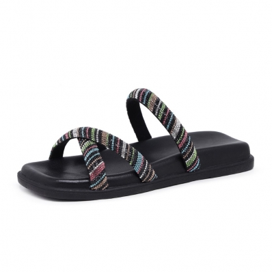 Sandalia Papete Rasteira Tiras de Strass Colorido Feminina Bico Quadrado Confortavel Tendencia