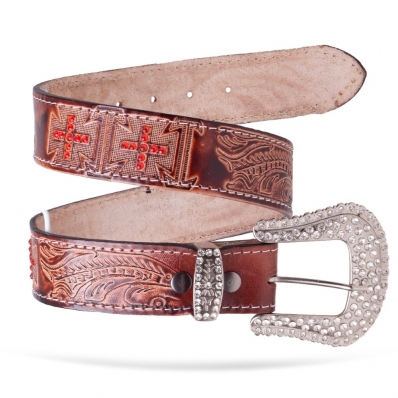Cinto Country de Couro Feminino Boiadeira Detalhe Cruz Fivela Strass Redonda Prata Estiloso Rodeio