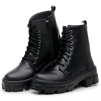 Bota Coturno Plataforma Tratorada Feminina Militar Cadarço e Ziper Sola Borracha Palmilha EVA