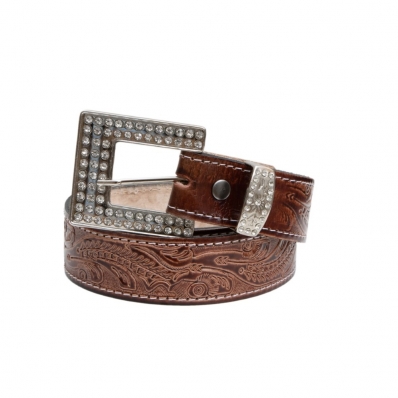 Cinto Feminino Couro Trabalhado Resistente Fechamento Fivela Aplicaçao Strass Brilho Cruz