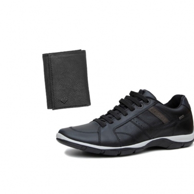 Kit Sapatenis Masculino Couro Ajuste Elastico Solado Borracha Com Carteira Porta Documentos