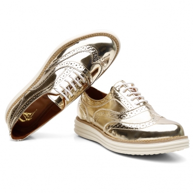 Sapato Oxford Feminino Metalizado Com Cadarço Casual Salto Baixo Palmilha EVA