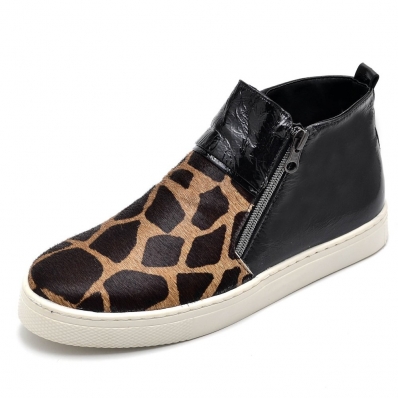Tenis Bota Casual Feminino Couro Cano Medio Ziper Estampa Girafa Palmilha Conforto Academia