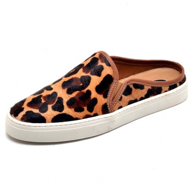 Mule Onça Animal Print Feminino Couro Calce Facil Solado Borracha Tecido Antitranspirante