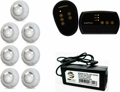 KIT 7 LEDS 9W LUXPOOL + FONTE 10A + CONTROLADOR LUXPOOL 72W