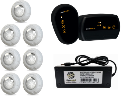 Kit 07 Led Rgb 9w Piscina Módulo Rgb Luxpool Fonte 10 A