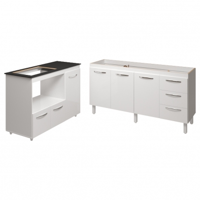 Balcão Cozinha Gabinete de Pia 160 cm Estela e Balcão Para Fogão Cooktop 4 Bocas e Forno Elétrico Alana Branco