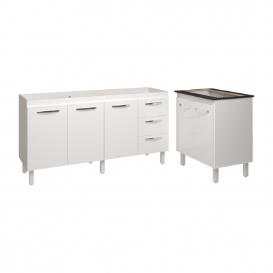 Cozinha Balcão Armário Gabinete de Pia 150 cm Deise e Balcão Fran para Fogão Cooktop 5 Bocas Branco