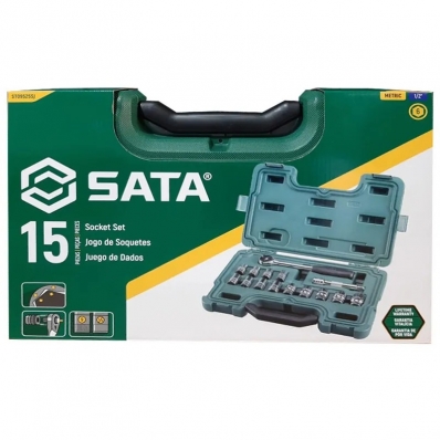 JOGO DE SOQUETES SEXTAVADO DE 10 A 24MM ENCAIXE 1/2 COM 15 PEÇAS ST09525SJ SATA
