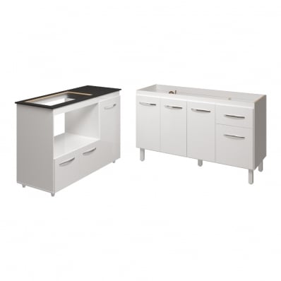 Armário Camila Cozinha Gabinete de Pia 140 cm e Balcão para Cooktop 5 Bocas e Forno ou Microondas Alana Branco