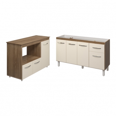 Balcão Armário Camila Cozinha Gabinete de Pia 140 cm e Balcão para Forno Elétrico e Microondas Lilian Savana Off White
